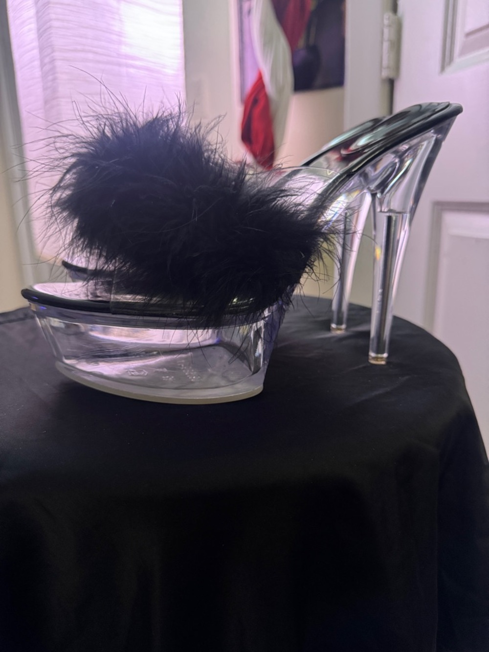Black Feather Clear Platform Heels
